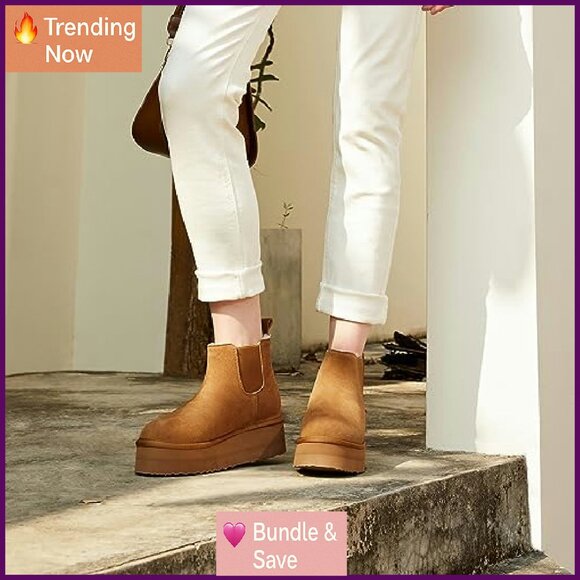 Genuine Suede Platform Snow Boots Slip On Faux Fur Ankle Boots Anti-Slip - Picture 3 of 8